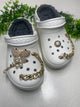 White Lined Crocs w/Gold Croc Charms Size 6